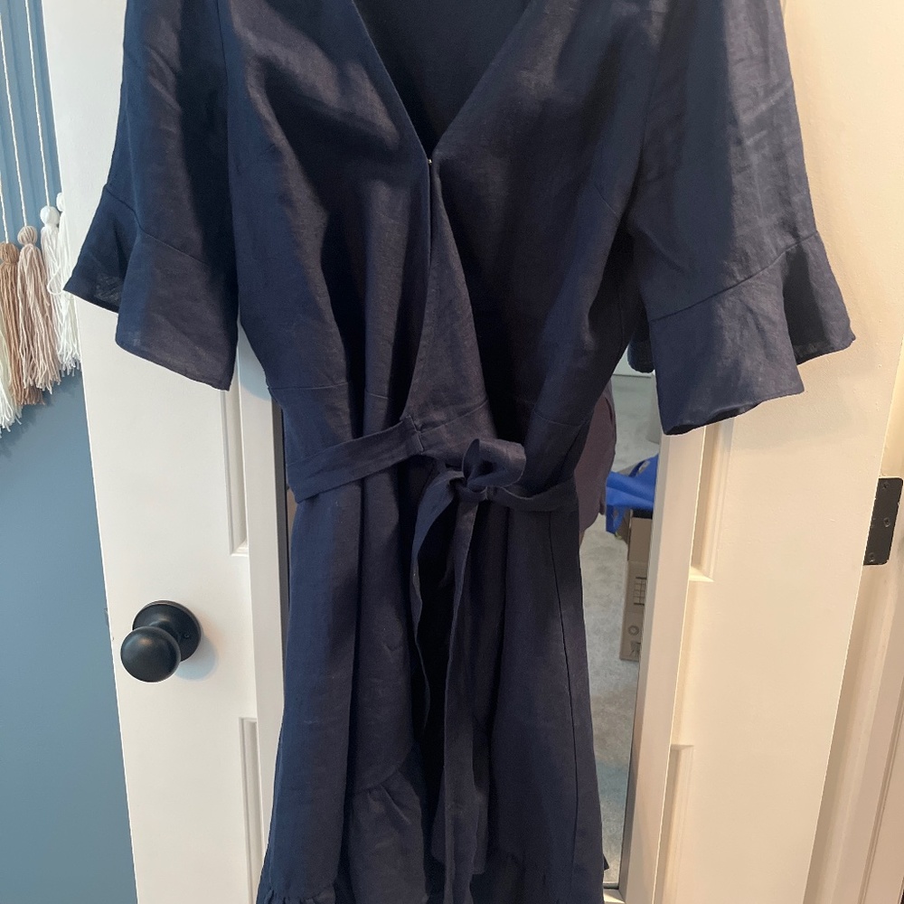 Navy Blue Linen Wrap Dress